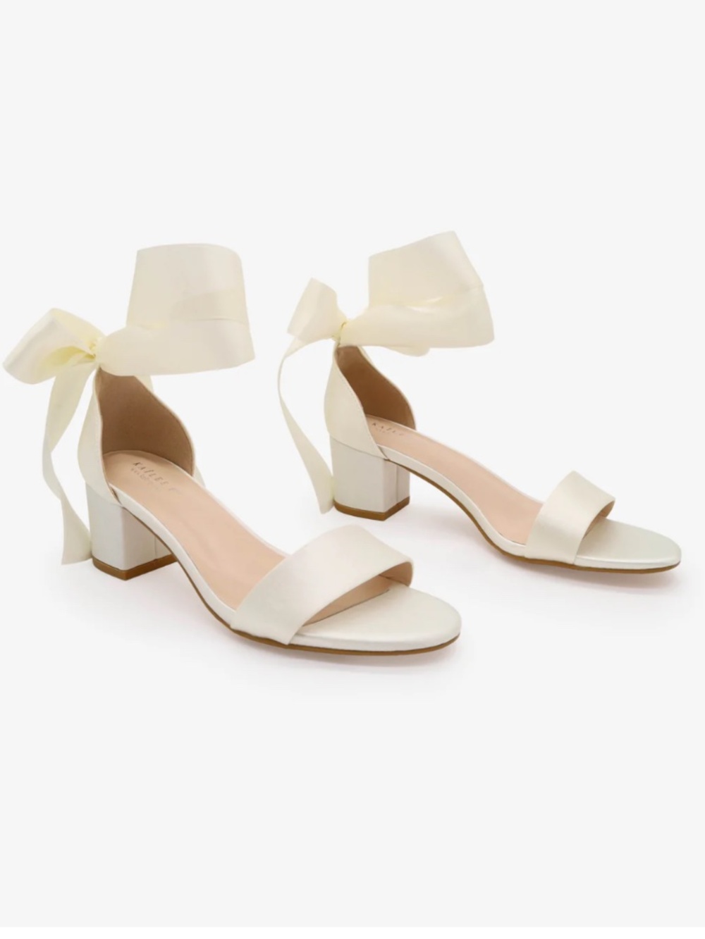 Wedding Ivory Satin Block Heel Wedding Sandal with Wrapped Ribbon Tie - Kailee P